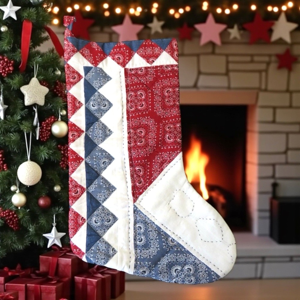 Handmade Christmas Patchwork Quilted Stocking Red‎ Blue White Cotton 11" x 17"